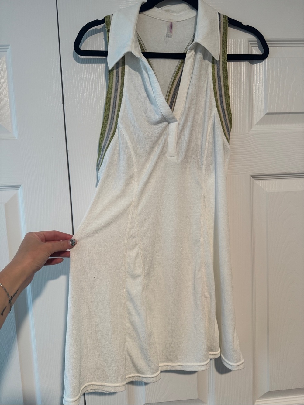 Free People White Sleeveless Polo Dress with Olive Stripe Accents